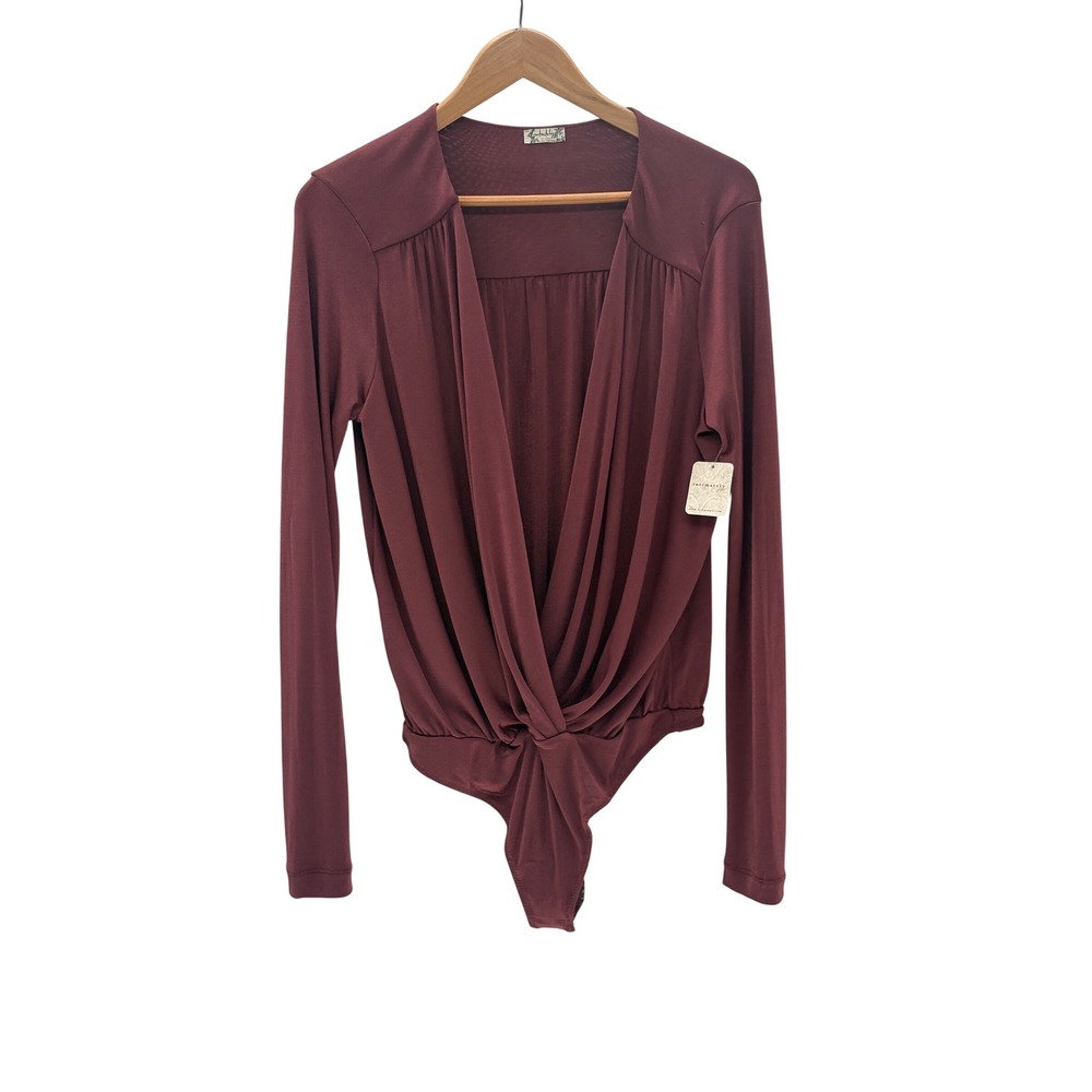 New Intimately Free People Bodysuit Turnt Long Sleeve XL Deep V Pink Purple‎